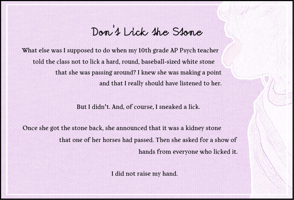 light purple postcard with teen sticking their tongue out in the right corner. In the middle of the postcard is a piece of flash fiction called Don't Lick the Stone