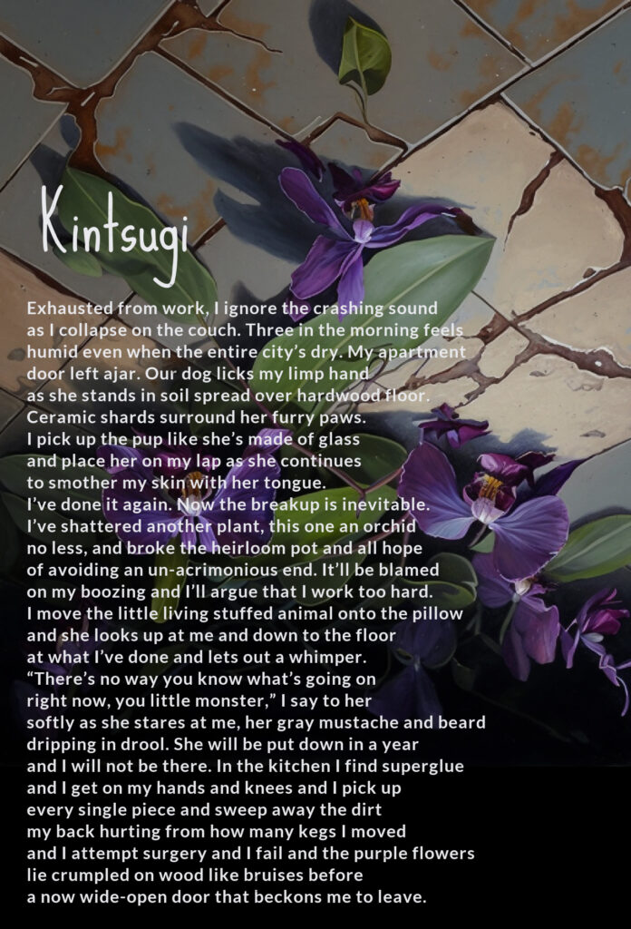 purple orchids across a cracked tile floor with a poem titled Kintsugi in white over it 