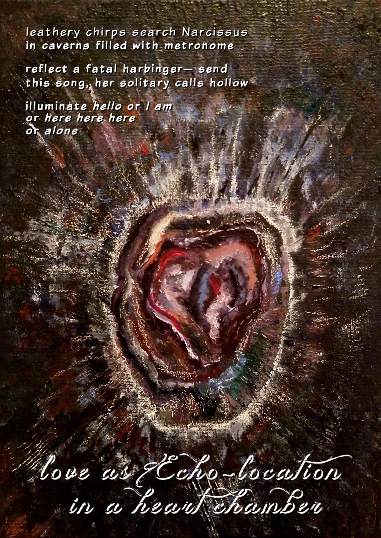 painting of a heart with a lot of different textures and a poem in white font framing the heart