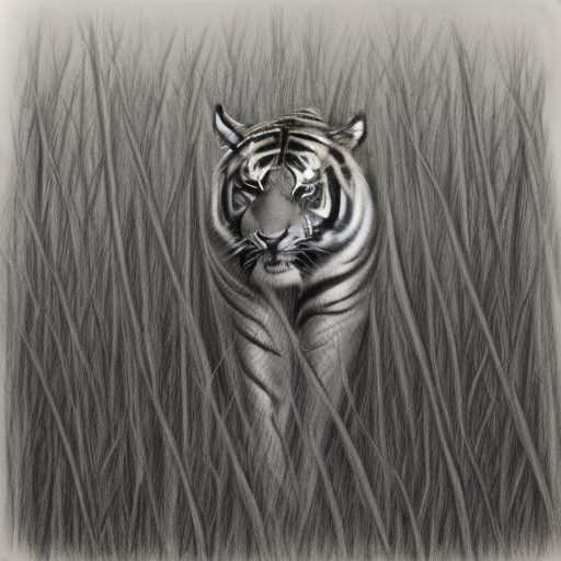 charcoal sketch of a tiger walking through tall grass