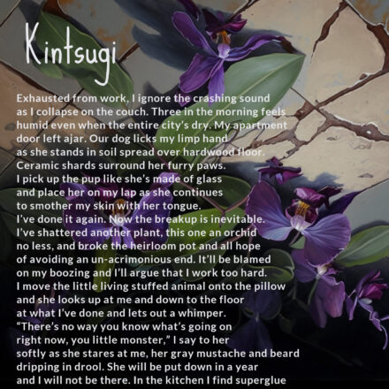 purple orchids across a cracked tile floor with a poem titled Kintsugi in white over it