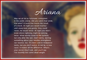 soft-focused painting of a blonde woman with red lipstick and next to the image is a poem titled "Ariana"