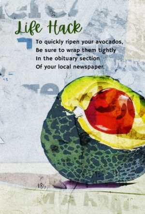 painting of an avocado with newspaper print overlayed on top and a poem titled Life Hacks to the right of it